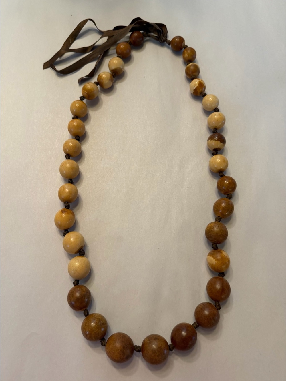 Vintage 70s Hawaiian Kukui Nut Lei Beaded Necklace Ribbon Tie Fall Autumn Earthy